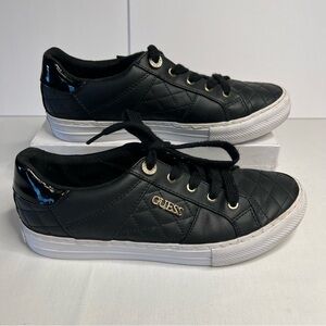 Guess Quilted Sneaker Black Faux Leather Platform lace up‎ gold detail Women 7.5